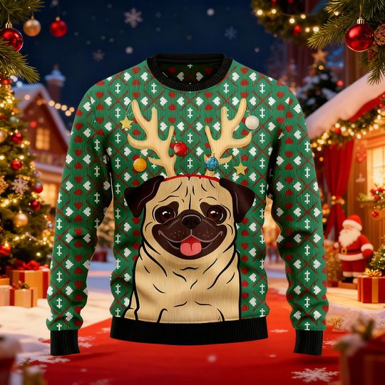 Pug Ugly Christmas Sweater, Pug Reindeer Antlers Funny Xmas Jumper, Dog Lover Gift, Funny Holiday Party Outfit for Dog Lovers