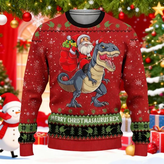 Discover Merry Christmasaurus Rex Ugly Sweater, Santa Riding T-Rex Xmas Jumper, Dinosaur Lover Gift, Funny Christmas Party Outfit