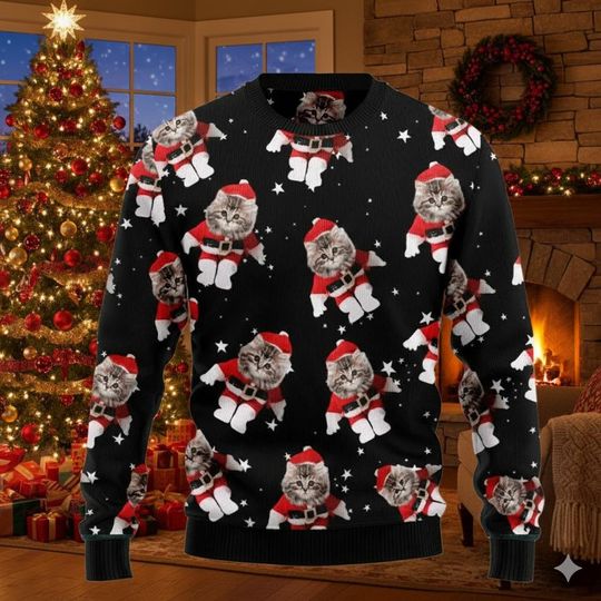 Discover Funny Santa Cat Christmas Sweater, Ugly Holiday Jumper, Pet Lover Christmas Gift, Cute Cat Xmas Party Sweatshirt, Cat Lover Gift
