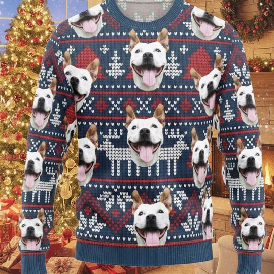 Discover Ugly Christmas Sweater, Custom Dog Photo Sweater, Funny Dog Lover Gift, Pet Face Holiday Sweater, Personalized Xmas Jumper, Dog Mom Gift