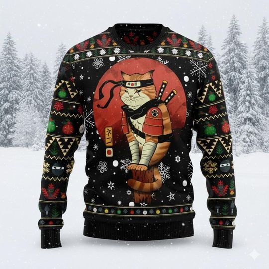 Samurai Cat Christmas Sweater, Funny Ninja Kitty Holiday Pullover, Japanese Style Xmas Knit, Unisex Warrior Cat Jumper Gift