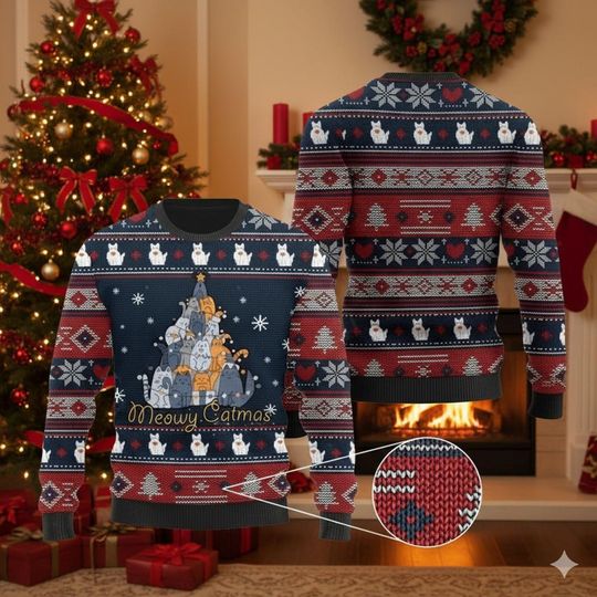 Meowy Catmas Christmas Sweater, Funny Cat Tree Holiday Sweater, Cute Kitty Xmas Knit, Unisex Festive Jumper, Pet Lover Winter Shirt