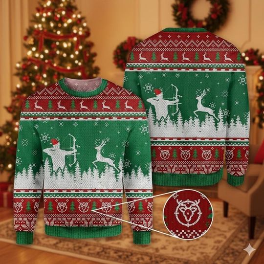 Archer Christmas Sweater, Funny Hunting Holiday Sweater, Forest Deer Xmas Knit, Green Red Festive Jumper, Unisex Winter Shirt
