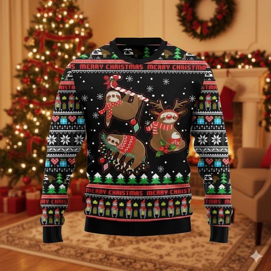 Sloth Christmas Sweater, Cute Reindeer Holiday Pullover, Funny Black Xmas Knit, Unisex Festive Animal Jumper, Cozy Winter Shirt