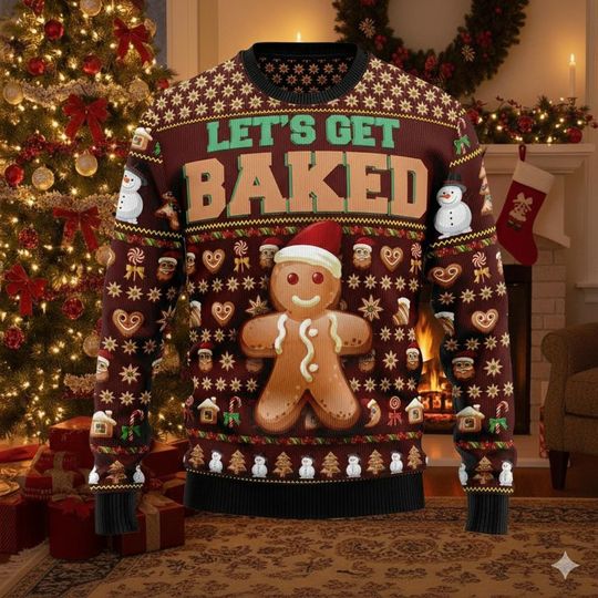 Discover Lets Get Baked Christmas Sweater, Funny Gingerbread Holiday Sweater, Brown Ugly Xmas Knit, Unisex Festive Party Shirt