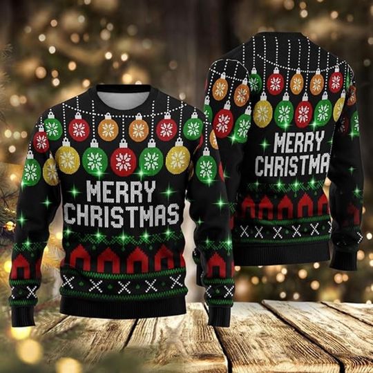 Discover Merry Christmas Ornament Sweater, Colorful Holiday Baubles Knit Design, Festive Ugly Xmas Pullover for Men and Women