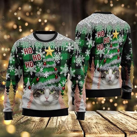 Funny Cat Christmas Tree Sweater, Ho Ho Ho Green Plaid Glitter Snowflake Sweater, Cute Holiday Cat Lover Ugly Xmas Shirt