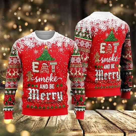 Discover Eat Smoke and Be Merry Christmas Sweater, Funny Red Holiday Sweater with Tree & Gingerbread, Stoner Xmas Party Outfit