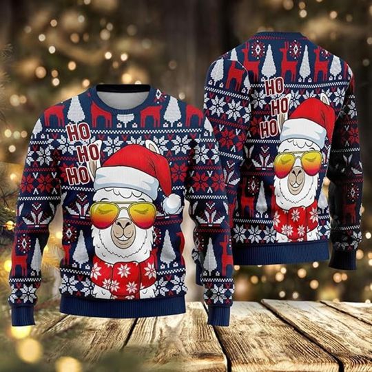 Funny Llama Christmas Sweater, Ho Ho Ho Santa Llama Jumper, Cute Red Blue Ugly Xmas Sweater, Holiday Party Outfit