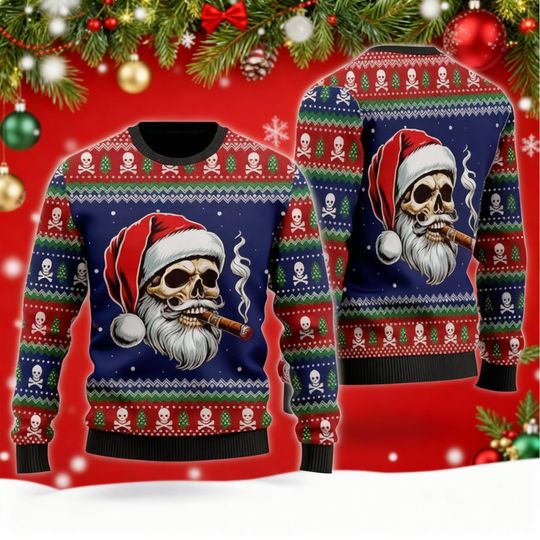 Smoking Skull Santa Christmas Sweater, Blue Funny Ugly Xmas Jumper, Edgy Holiday Pullover Gift, Pirate Beard Santa Cigar Top