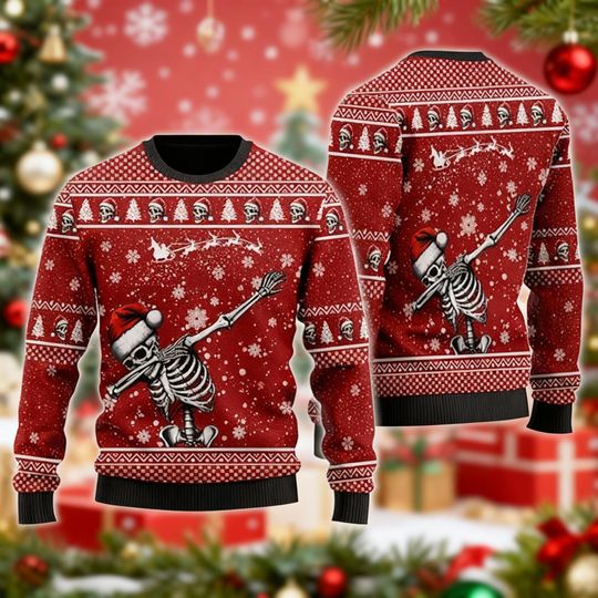 Discover Dabbing Skeleton Santa Christmas Sweater, Funny Red Ugly Xmas Jumper, Hip Holiday Party Sweater, Cool Snowflake Gift Idea