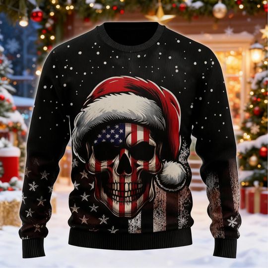 American Flag Skull Santa Hat Ugly Christmas Sweater, Patriotic Xmas, Edgy Holiday, Military Veteran Gift, Unique & Bold