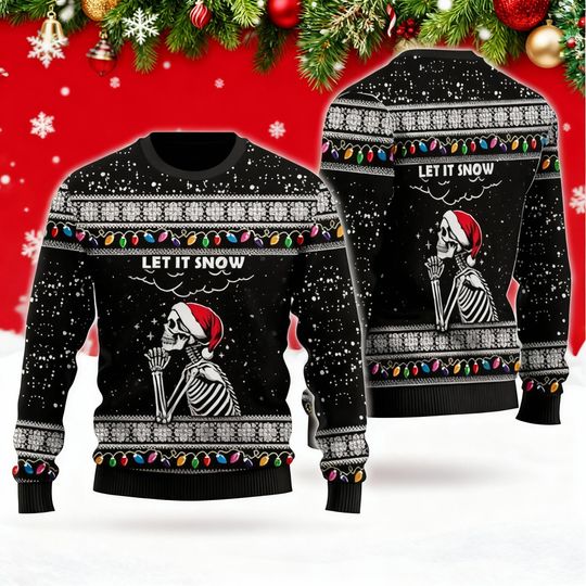 Let It Snow Skeleton Christmas Sweater, Dark Humor Santa Sweater, Gothic Ugly Xmas Jumper, Funny Holiday Outfit With Lights