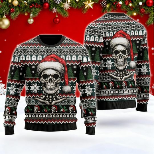 Santa Skull Christmas Sweater, Gothic Holiday Sweater, Skeleton Xmas Jumper, Edgy Ugly Christmas Shirt, Alternative Winter Outfit