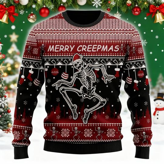 Discover Merry Creepmas Skeleton Sweater, Gothic Christmas Jumper, Funny Spooky Holiday Outfit, Creepy Ugly Xmas Sweater, Halloween Christmas Mix