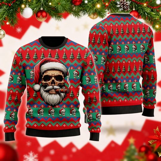 Discover Smoking Skull Santa Ugly Christmas Sweater, Badass Xmas, Goth Holiday, Reaper Claus, Edgy Festive, Unique Rebel Gift
