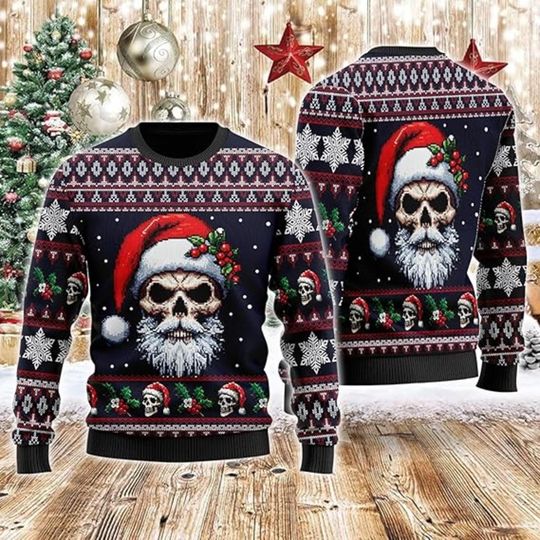 Skull Santa Christmas Sweater, Gothic Xmas Jumper, Creepy Holiday Outfit, Dark Humor Santa Shirt, Ugly Sweater Party Gift Idea