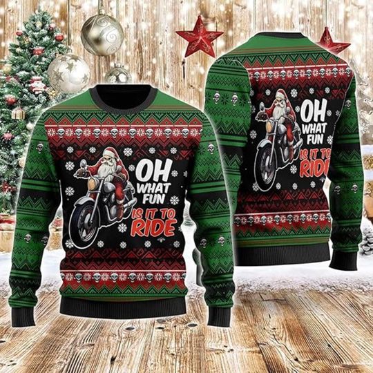 Biker Santa Oh What Fun Ugly Christmas Sweater, Motorcycle Xmas, Funny Santa Ride, Holiday Party, Motorhead Gift, Rocker Claus