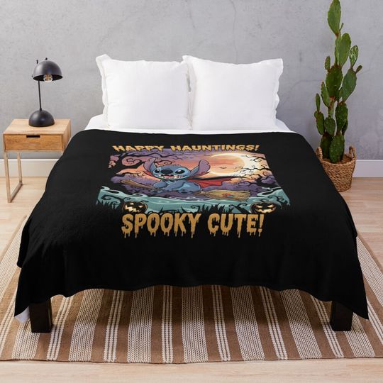 Stitch Halloween Witch Broom Ride | Happy Hauntings Spooky Cute Design Throw Blanket