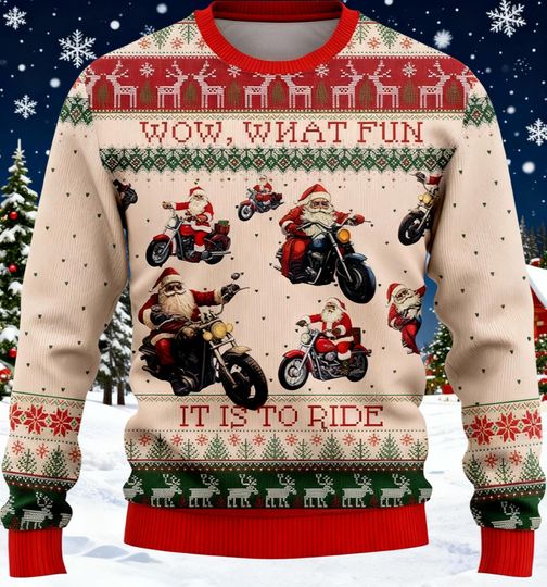 Biker Santa Motorcycle Ugly Christmas Sweater, Funny Xmas Ride, Santa on Chopper, Holiday Party, Motorhead Gift, Festive Fun