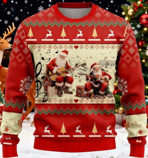 Discover Santa Music Band Sweater, Christmas Guitar Sweatshirt, Holiday Concert Shirt, Musical Xmas Sweater, Festive Red Ugly Sweater