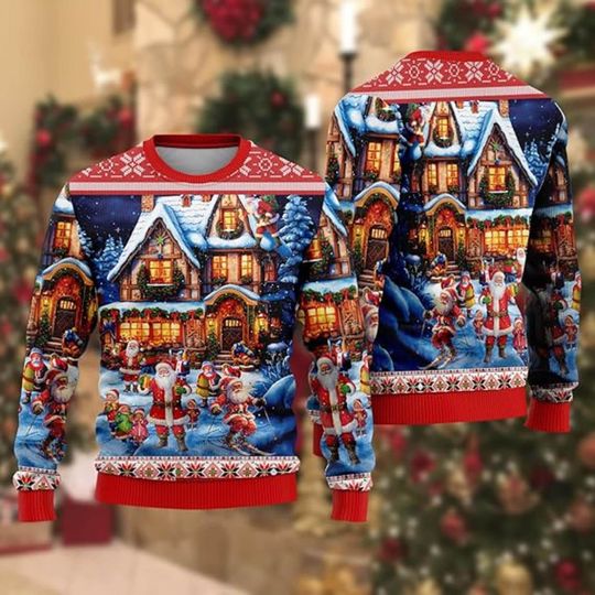 Discover Santa Village Christmas Sweater, Winter Holiday Sweater, Elf Xmas Sweatshirt, Festive House Scene Shirt, Cozy Ugly Christmas Sweater