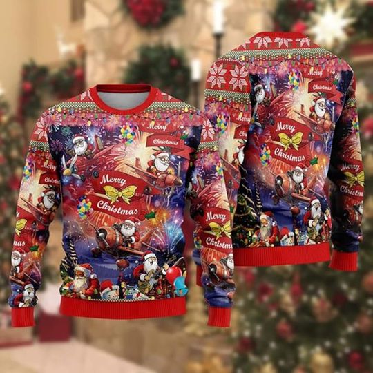 Discover Santa Plane Fireworks Ugly Christmas Sweater, Merry Xmas Celebration, Festive Pilot, Holiday Party, Unique Vibrant
