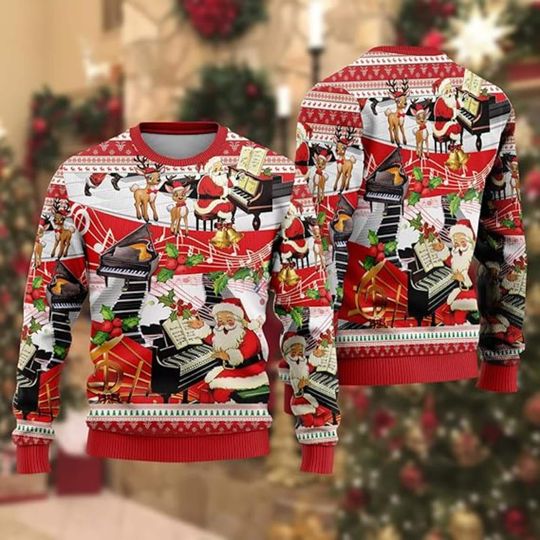 Discover Santa Piano Christmas Sweater, Musical Holiday Sweater, Reindeer Xmas Music Shirt, Funny Santa Top, Ugly Christmas Sweater