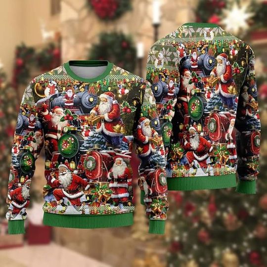 Discover Santa Train Christmas Sweater, Vintage Holiday Sweater, Festive Xmas Locomotive Shirt, All Over Print, Ugly Christmas Outfit