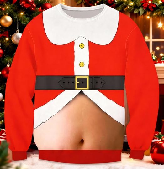 Santa Belly Shirt Sweater, Funny Christmas Sweater, Ugly Holiday Jumper, Red Crop Illusion Top, Adult Xmas Gag Gift, Party Sweater