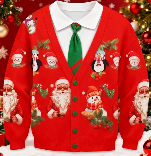 Discover Santa Christmas Cardigan, Funny Red Holiday Sweater, Snowman Penguin Xmas Top, Festive Button Up Sweater, Ugly Christmas Shirt, Party Gift