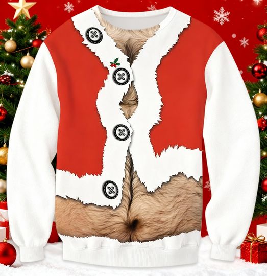 Discover Hairy Chest Santa Sweater, Funny Christmas Sweater, Ugly Holiday Jumper, Red White Gag Shirt, Adult Xmas Party Outfit, Joke Gift Idea