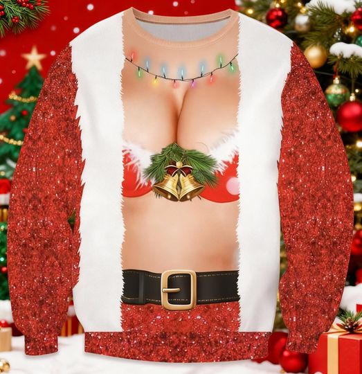 Discover Sexy Christmas Sweater, Naughty Holiday Sweater, Funny Cleavage Xmas Jumper, Red Glitter Santa Shirt, Adult Party Sweater, Gag Gift Idea