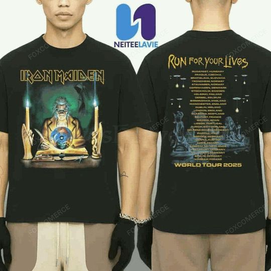 Discover Iron Maiden Run For Your Lives World Tour Dates 2025 Retro Clairvoyant Merch Two Sided Unisex