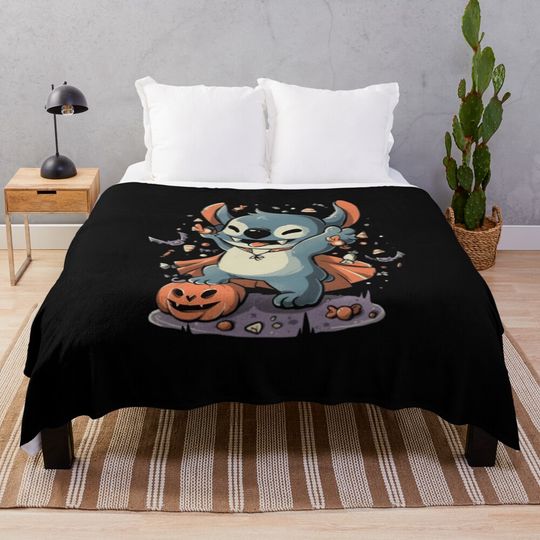 Lilo & Stitch Vampire Halloween – Cute Dracula Stitch with Candy and Pumpkins Art Throw Blanket