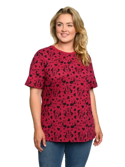 Women's Plus Size Minnie Mouse T-Shirt Hearts All-Over Hearts Print Red Tee