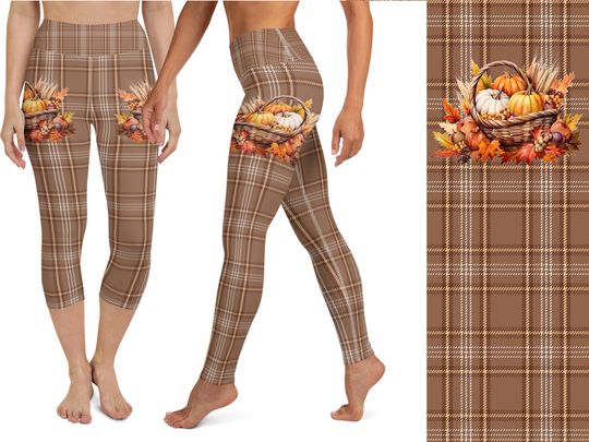 Women’s Thanksgiving Leggings Beige Plaid Autumn Pumpkins Yoga Pants