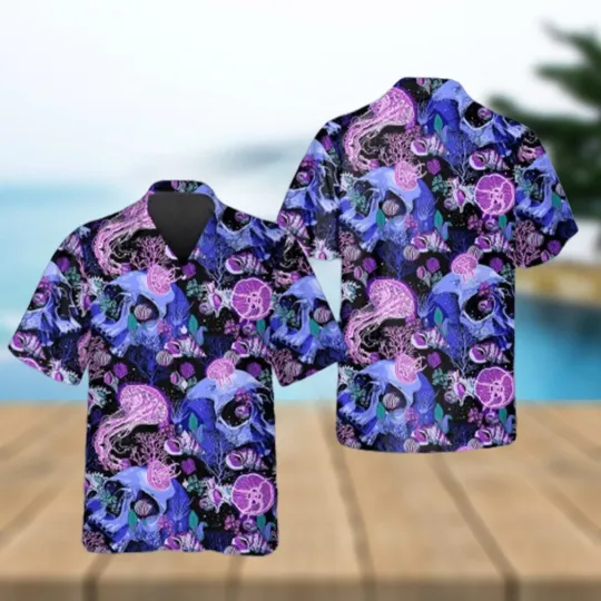 Purple Jellyfish Skull Hawaiian Shirt Men’s Summer Beach Tee