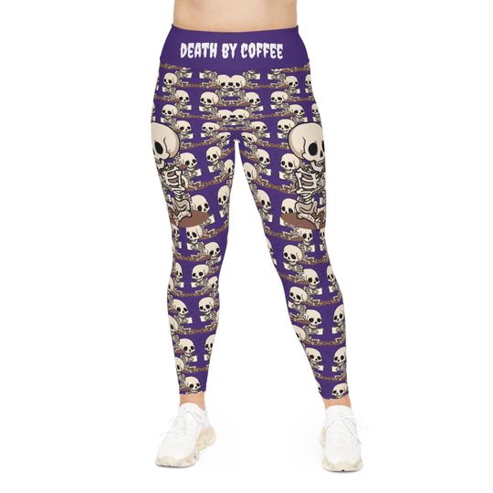 Skeleton Coffee Meeting Purple Leggings, Plus Size Skull Printed Pants