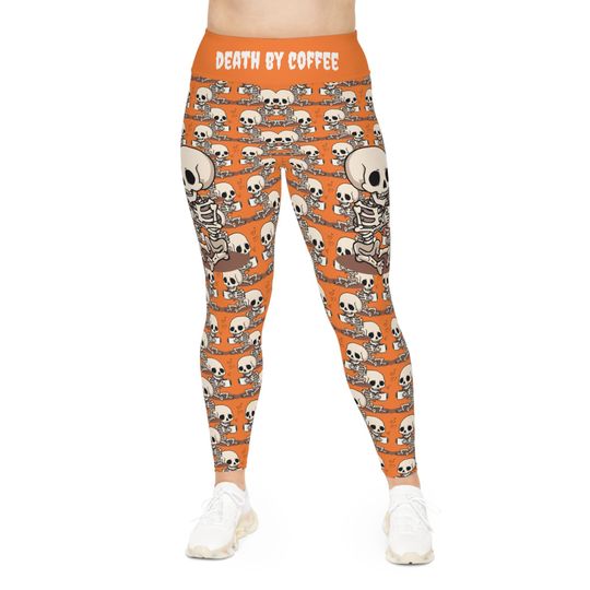 Skeleton Coffee Meeting Leggings, Plus Size Skull Printed Pants