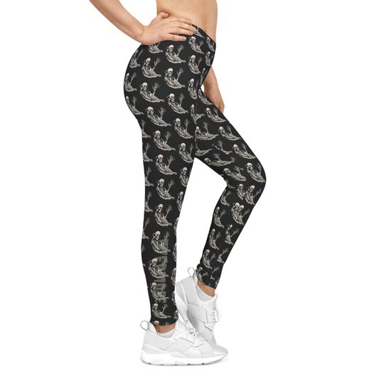 Waving Skeleton Leggings: Gothic Yoga Pants, Halloween Castle Print