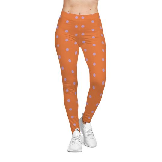 Discover Pink On Crusta Orange Polka Dot Leggings, Trending Yoga Pants, Size XS To 2X