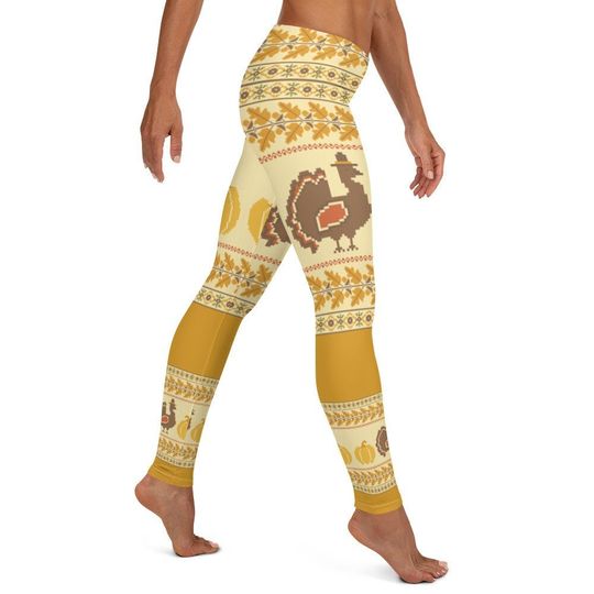 Discover Happy Thanksgiving Leggings ~ Women's Yellow Gold Turkey Day Cozy Wear Holiday Stretchy Tights Pants | Holiday Foodie Chef Cook Athleisure