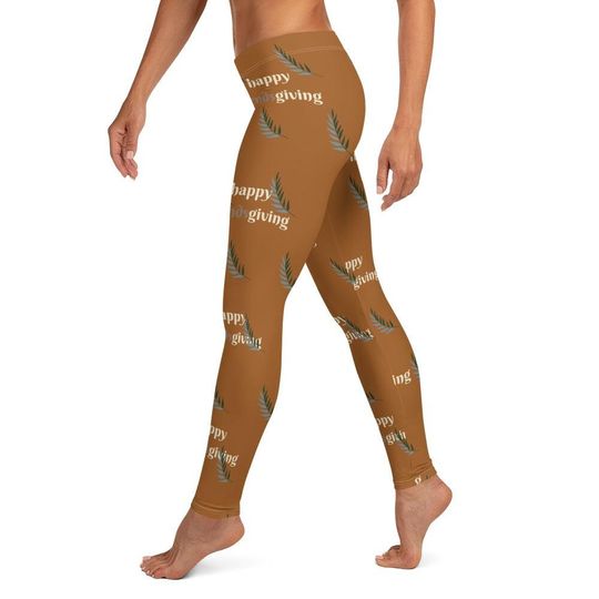 Discover Happy Friendsgiving Leggings, Brown ~ Women's Casual Cozy Cute Thanksgiving Athleisure Holiday Foodie Hostess Stretchy Tight Fashion Pants