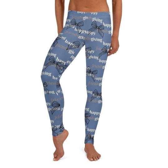 Discover Happy Friendsgiving Leggings, Blue ~ Women's Casual Cozy Cute Thanksgiving Athleisure Holiday Foodie Hostess Stretch Tight Fashion Pants Her