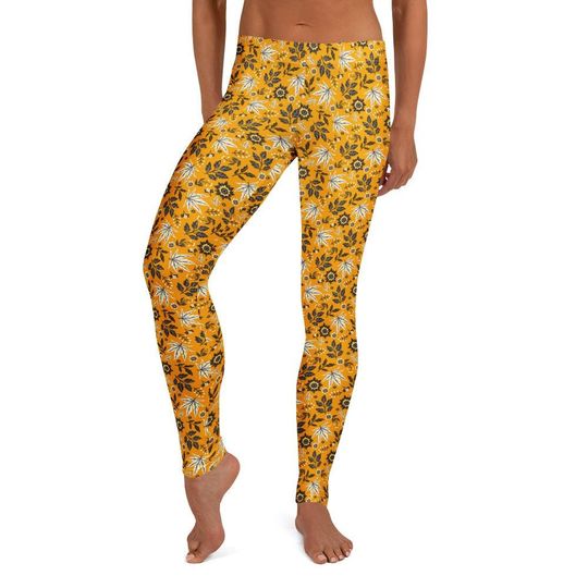 Autumn Amber Women’s Leggings Golden Floral Leaves Vintage Print