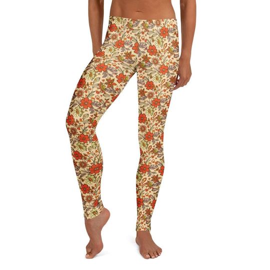 Autumn Spice Floral Leggings Women’s Earthy Orange Brown Print Pants