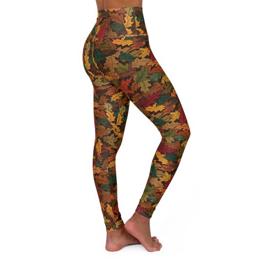Fall Leaves Print Yoga Leggings: High Waist Autumn Gym Pants