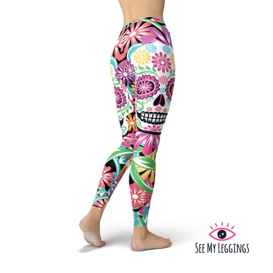 Floral Sugar Skull Leggings, Printed Leggings, Workout Leggings, Leggings for Women