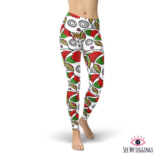 Discover Sugar Skulls and Roses Leggings, Printed Leggings, Leggings for Women, Workout Leggings